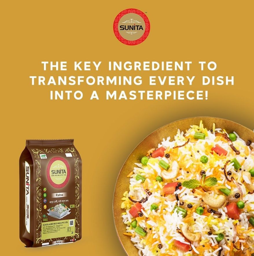 Advertisement for Sunita rice, featuring a package of rice and a bowl of colorful rice dish with vegetables and cashews, with the text 'The key ingredient to transforming every dish into a masterpiece!'