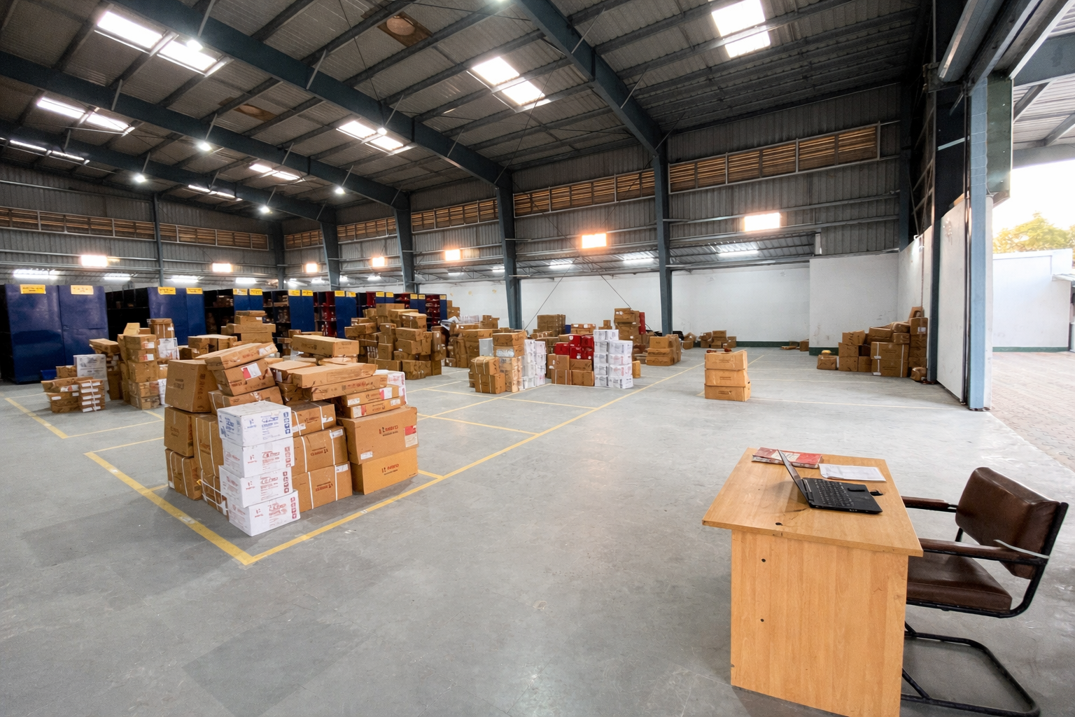 A warehouse or storage area filled with stacked cardboard boxes and packages, with a desk and chair in the foreground, and a laptop and documents on the desk.