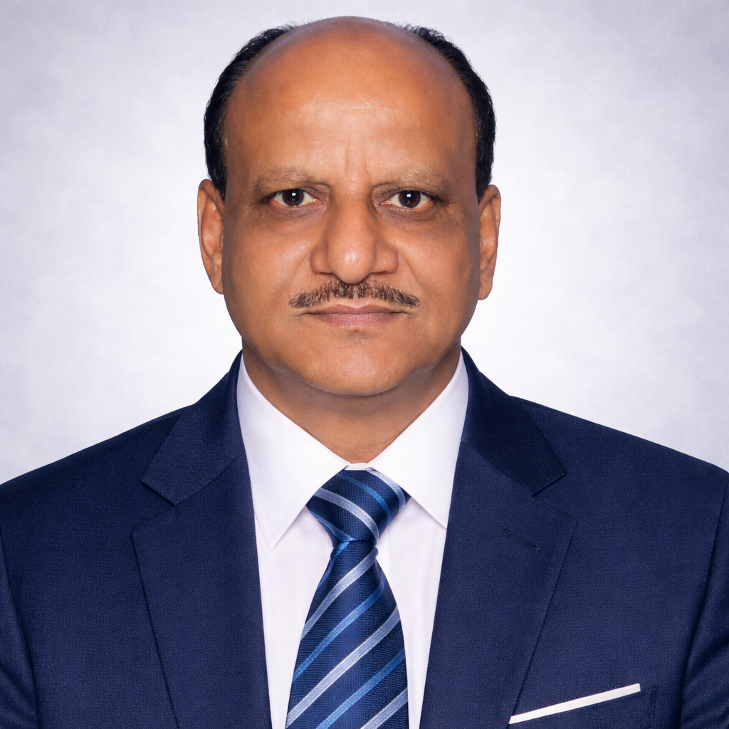A middle-aged man with a serious expression, wearing a blue suit, white shirt, and blue striped tie, posing against a light gray background.
