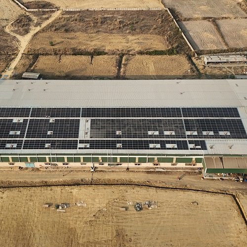Aerial view of a large greenhouse with solar panels on the roof, surrounded by cultivated fields.