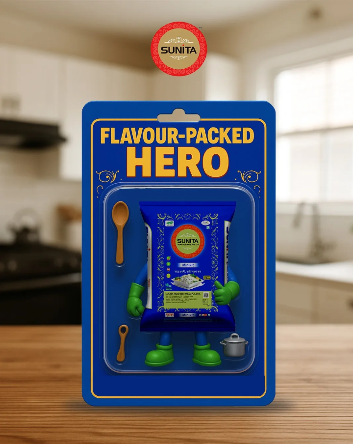 A Sunita flour packaging designed as a toy hero figure with green shoes and gloves, holding a pot, with a wooden spoon and another small spoon included in the packaging, on a kitchen countertop.