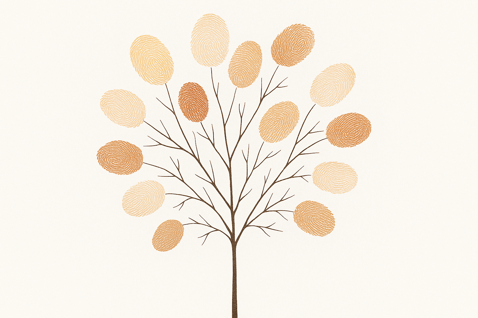 Illustration of a tree with circular, textured leaves in shades of orange and beige, with dark brown, slender branches, on a light background.