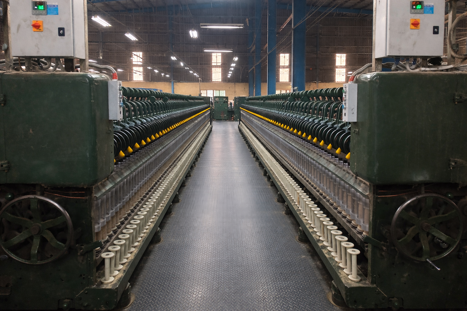 Industrial textile machinery with multiple spools of cotton or thread inside a factory, with a walkway in the center.
