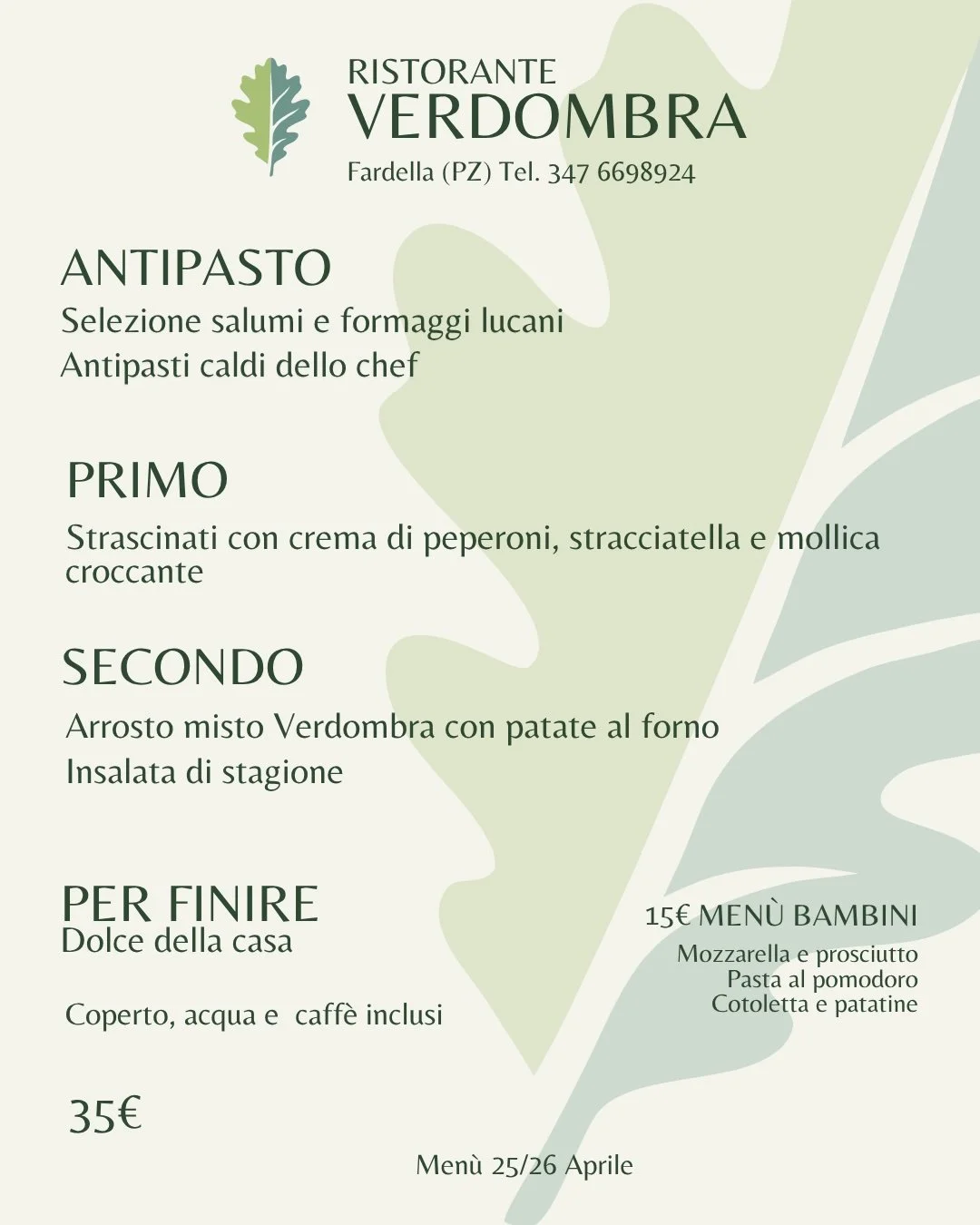 Festeggia la Liberazione da Verdombra! ✨✨

Ben 3 antipasti alla lucana, uno strascinato che non ti dico, e l&rsquo;arrosto cavallo di battaglia!
S&igrave;, c&rsquo;&egrave; pure il dolce sempre a sgrassare ;)

Vieni e festeggiamo!

📞 3476698924
Parc