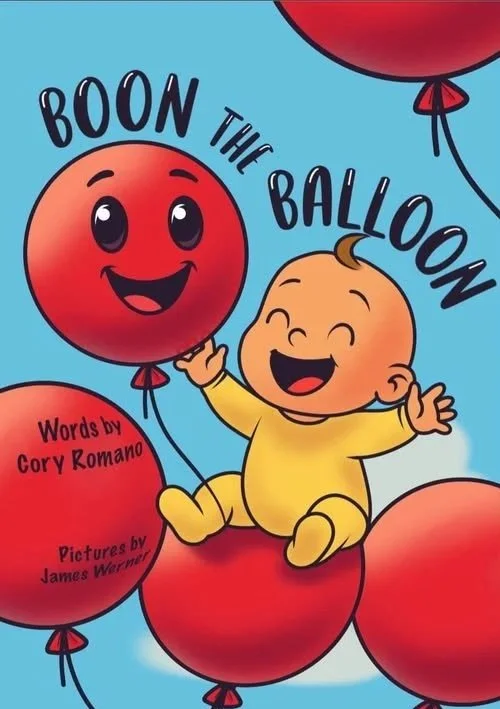 Cover of a children's book titled 'Boon the Balloon,' featuring a smiling baby sitting on a red balloon and holding a balloon, with red balloons floating around and a blue sky background.