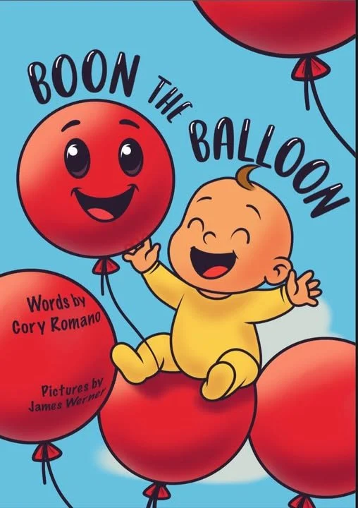 Children's book cover titled 'Boon the Balloon' featuring a happy baby sitting on a large red balloon surrounded by other balloons.