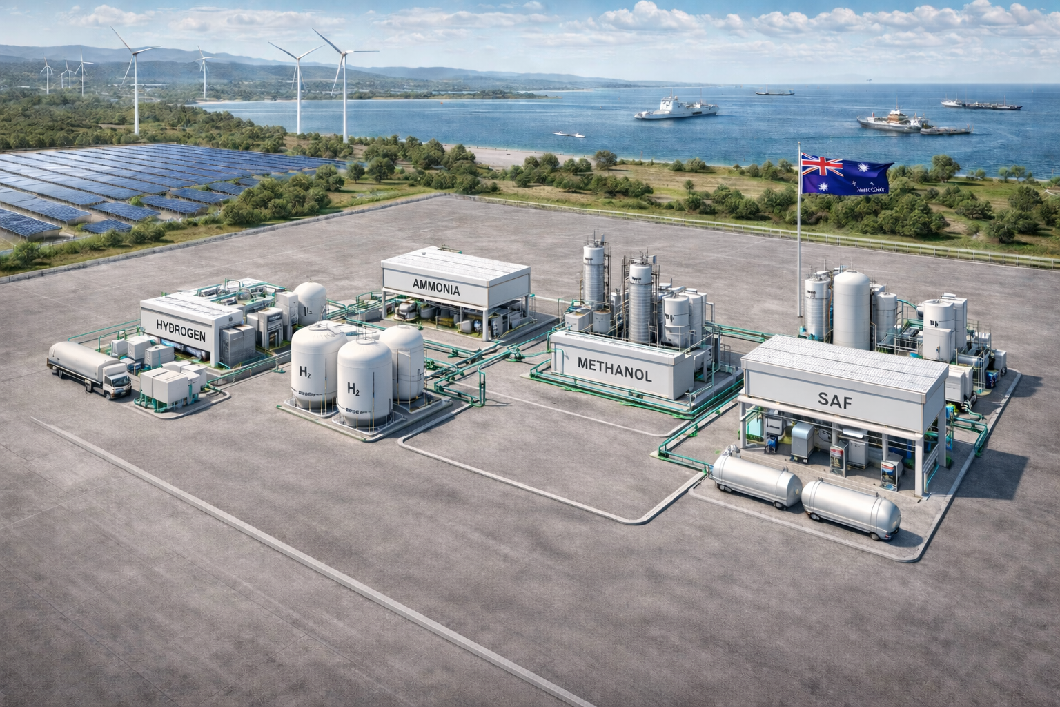 A hydrogen fuel production facility with labeled units for hydrogen, ammonia, methanol, and SAF, located on a large paved area near water, with wind turbines in the background and an Australian flag flying.