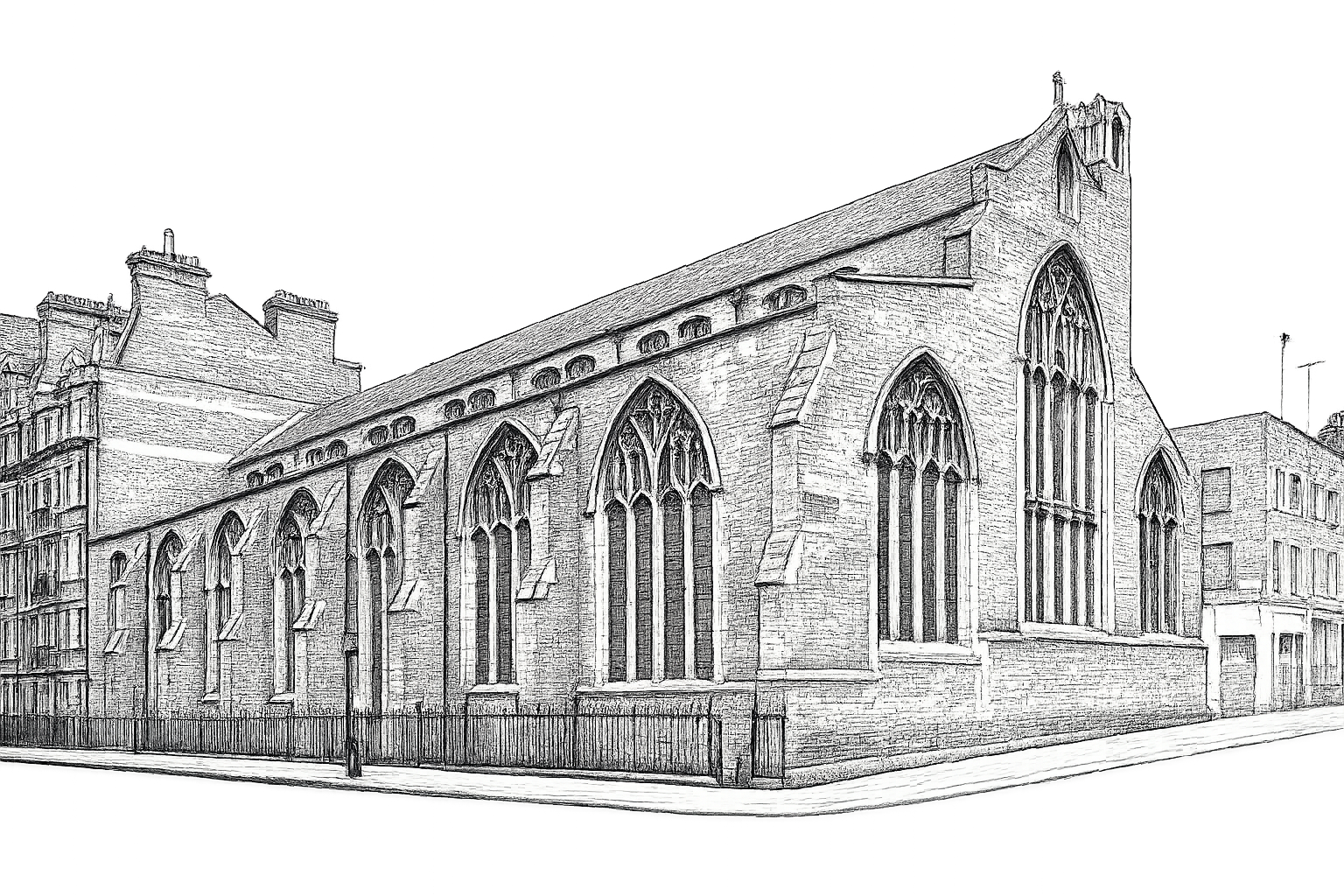 Black and white drawing of a historic church with large pointed arched stained glass windows, steep roof, and Gothic architectural details, situated on a city street with buildings and streetlights in the background.