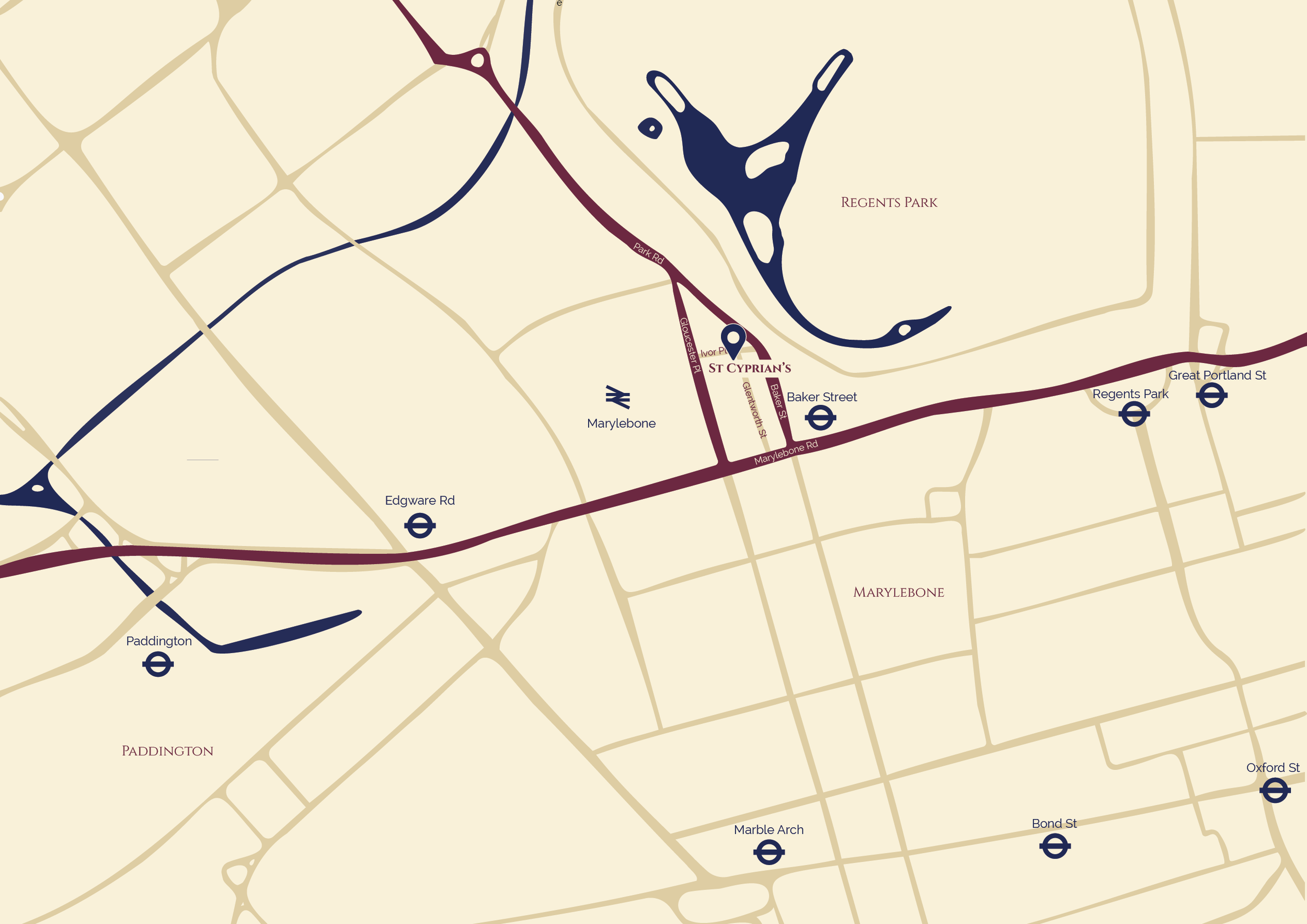 Map of a city highlighting the London Underground stations in the area, including Paddington, Edgware Road, Marylebone, Baker Street, St. Cyprian's, Regent's Park, Great Portland Street, Oxford Street, Bond Street, Marble Arch, and Paddington.
