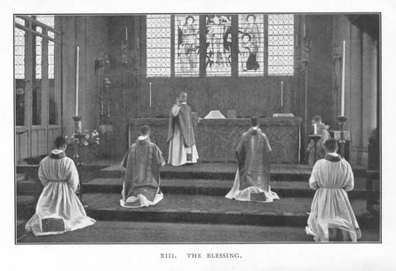 A black-and-white illustration of a religious ceremony in a church, with a priest or minister at an altar and four kneeling individuals in front, all dressed in robes. The church has stained glass windows.
