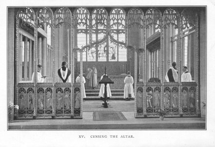 Black and white illustration of a church altar with people priests and altar servers involved in a religious ceremony.
