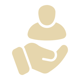 A hand holding a small, simplified human figure icon in a beige color, representing care or support.