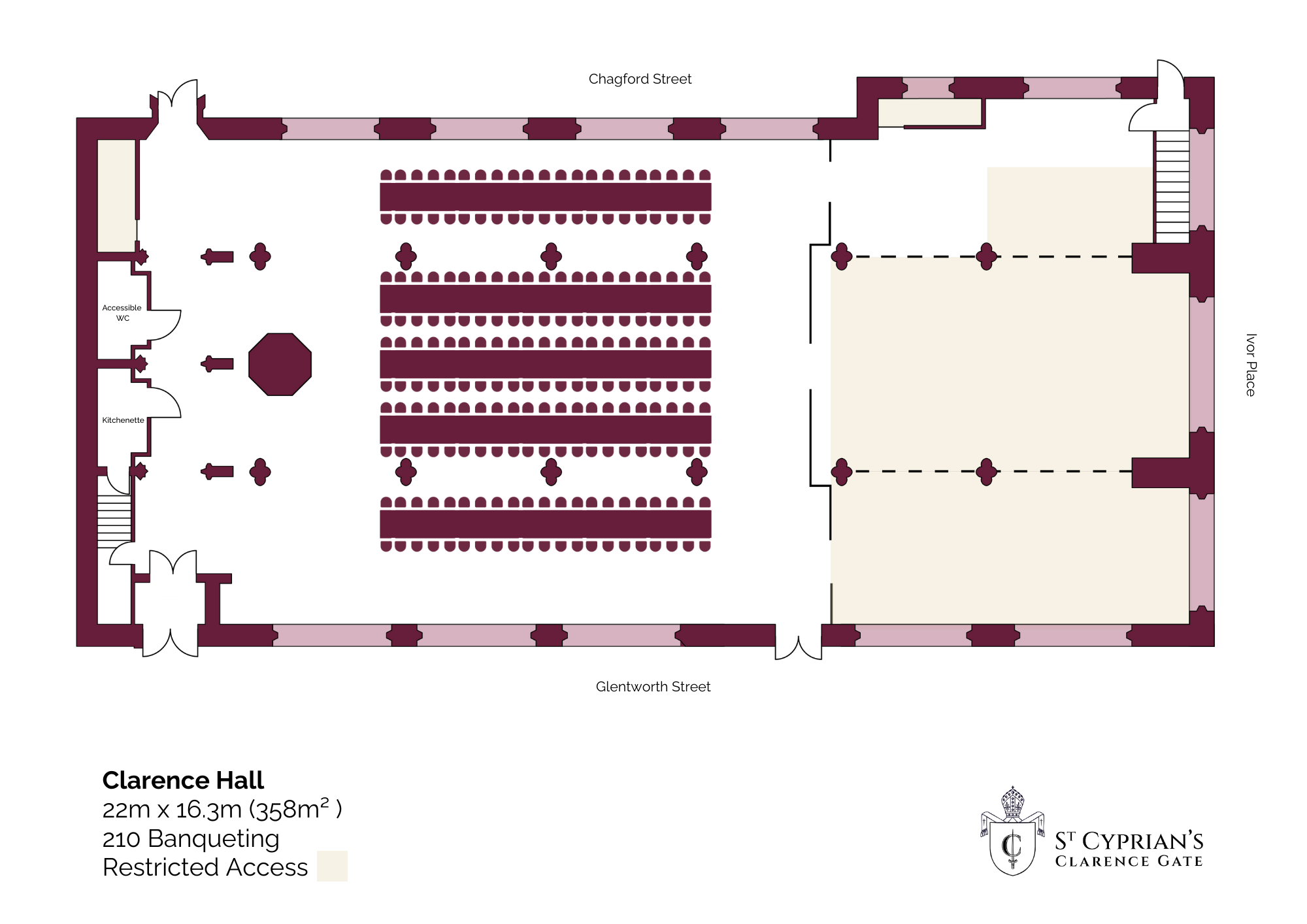 Floor plan of a church with pews, altar, and side rooms, including designated accessible WC and entrance.