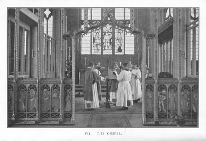 A church choir performing inside a historic church with stained glass windows and wooden interior, titled 'The Gospel'.