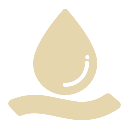 A beige droplet-shaped icon with a small curved line as a smiley face, resting on a hand.