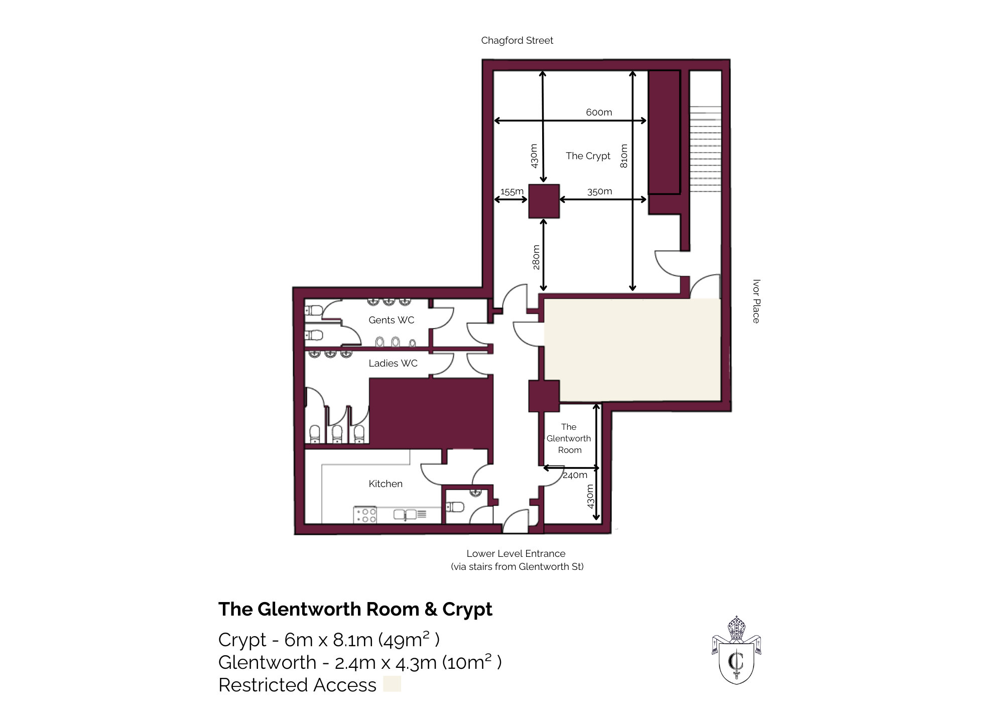 Floor plan of a building's lower level featuring the Glentworth Room, the Crypt, kitchen, and two WC areas labeled gents and ladies. The plan includes measurements for areas and doorways.