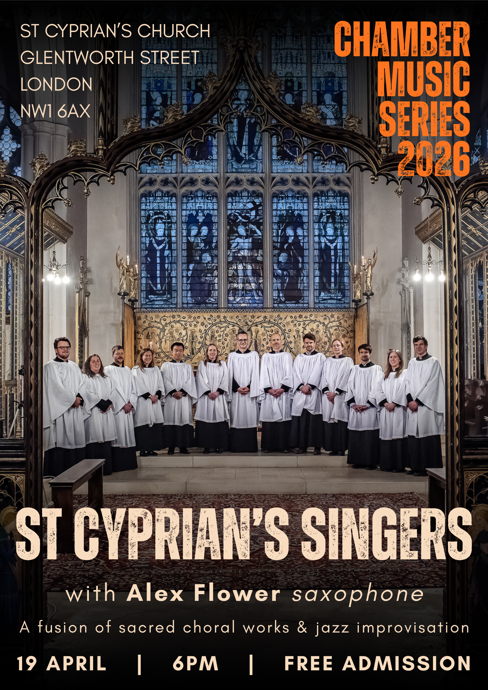 A choir of 12 people in white robes standing in a church with stained glass windows and religious artwork behind them.