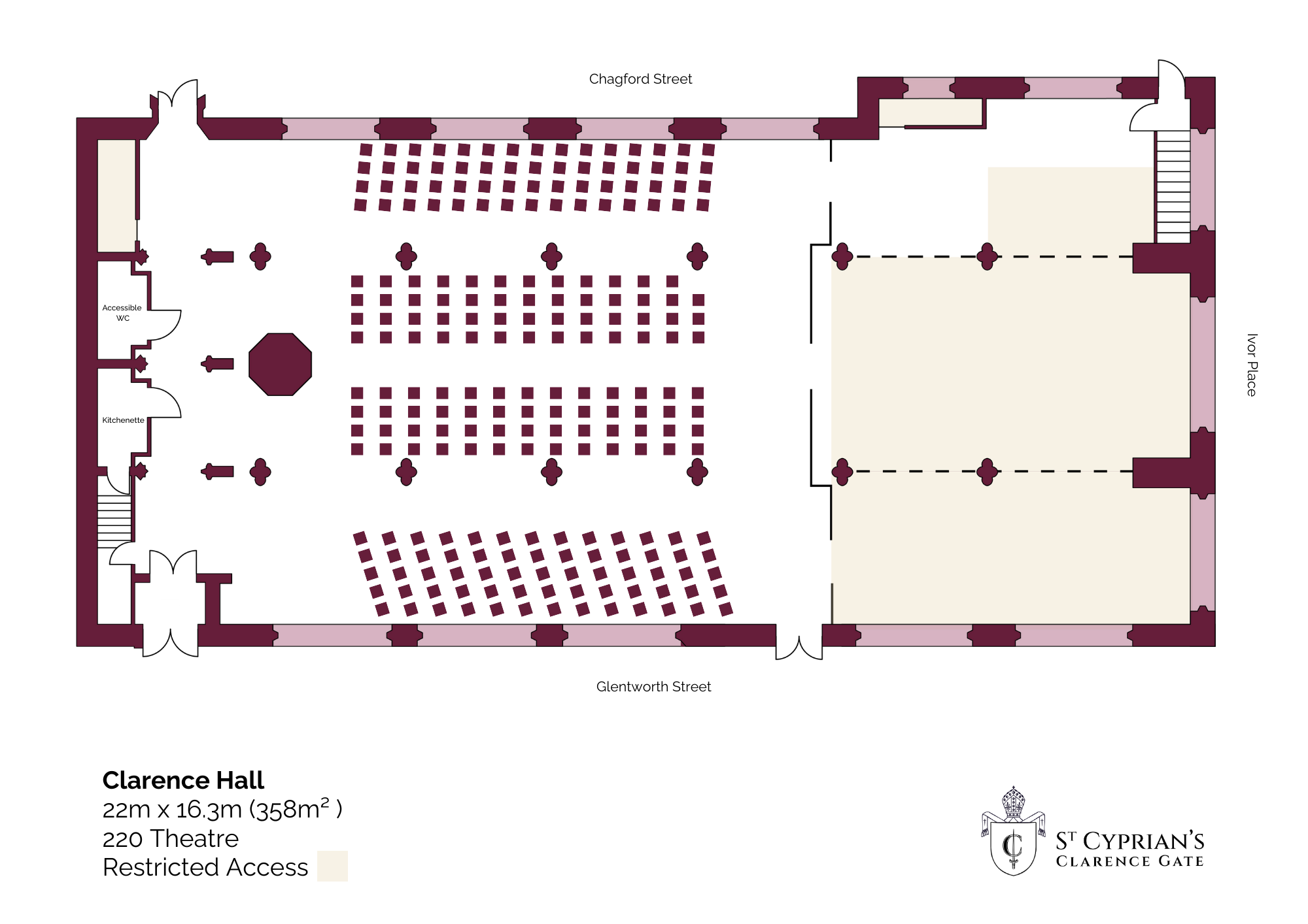 Floor plan of a church or cathedral with an entrance, nave with pews, altar, and side rooms, including accessible restroom