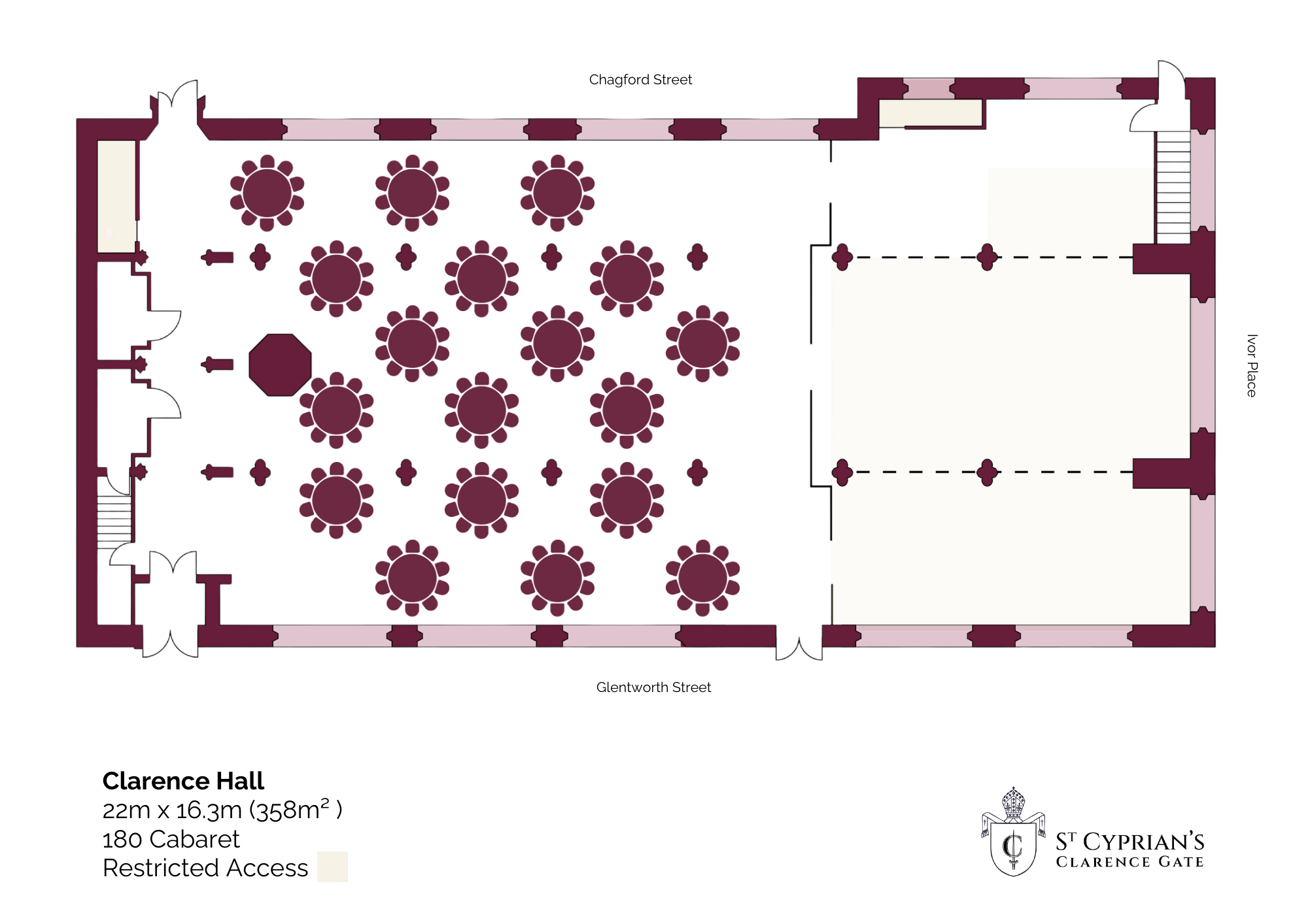 Floor plan of a building showing a large open area on the right, a formal dining area on the left with round tables and chairs, multiple entrance points, and staircases on the top and bottom right.