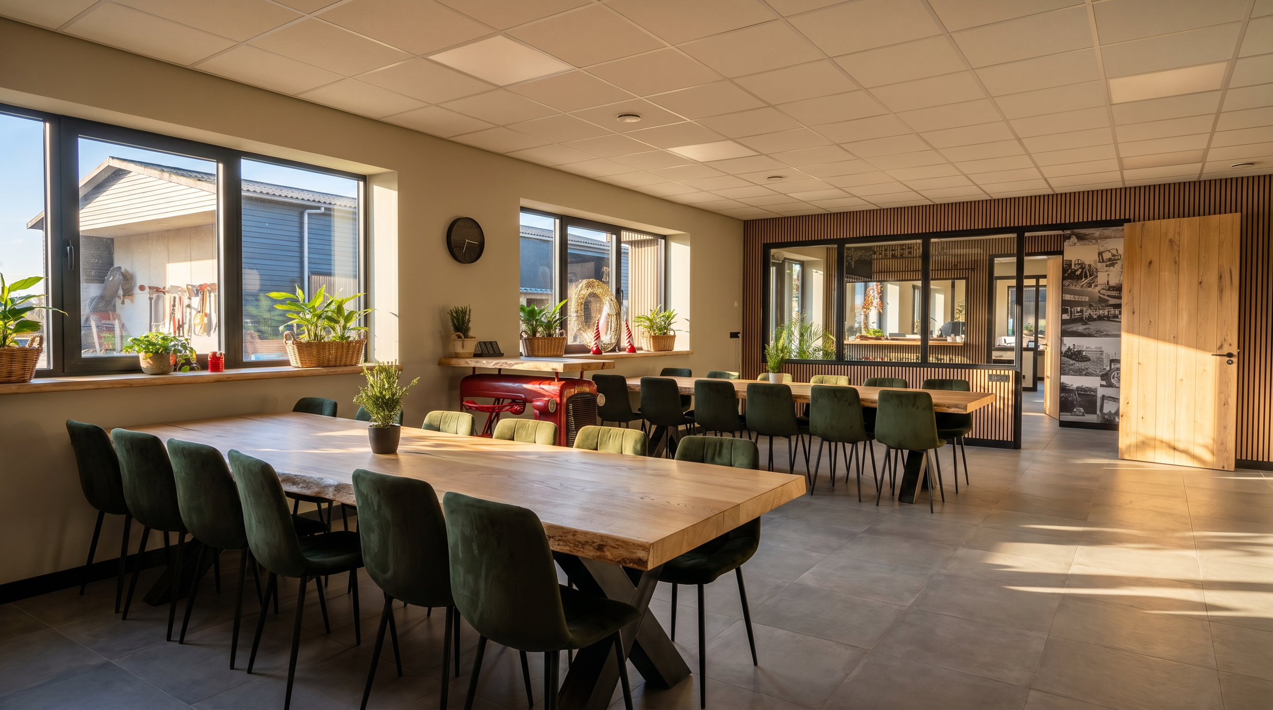 kantine waar al het personeel samen komt en koffie drinkt die net zo sterk is als hun machines
