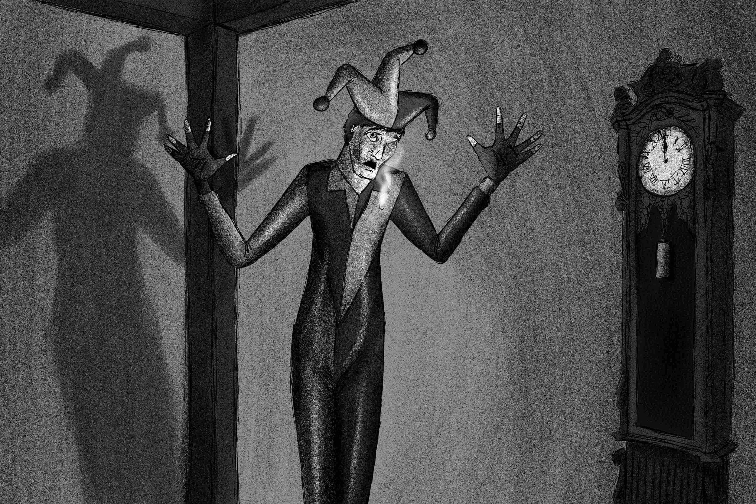 A handdrawn image of a jester in black and white