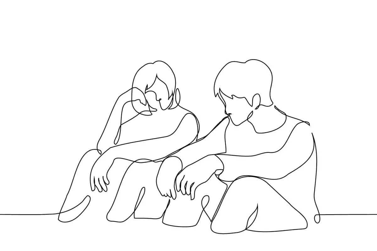 二人の子供が座っており、静かに話している様子のシンプルな線画