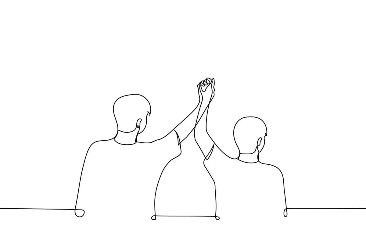 二人の男性が手を高く挙げて握手しているシンプルな線画