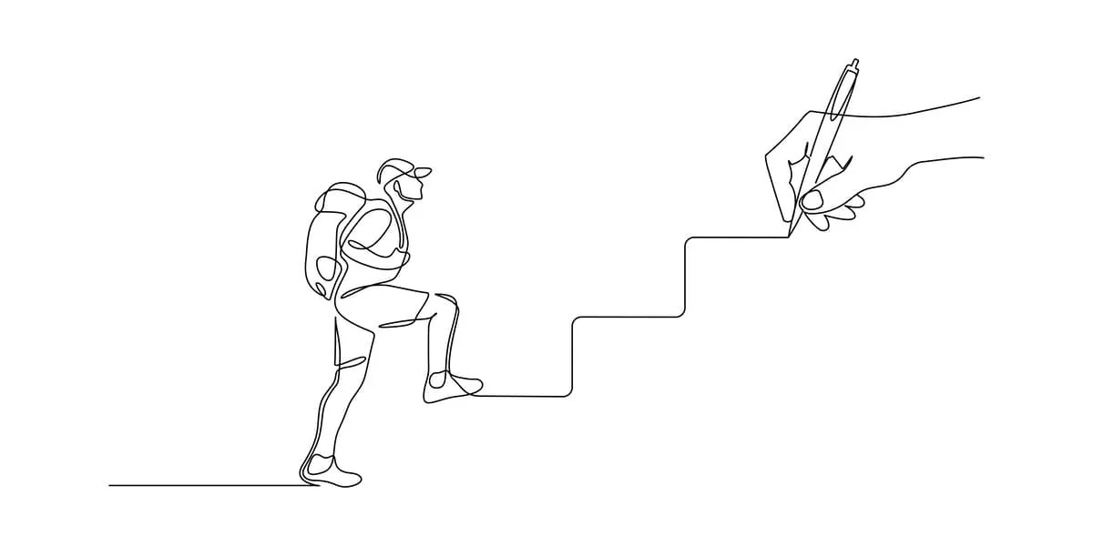 登山する人と階段の上に鉛筆を持つ手の線画