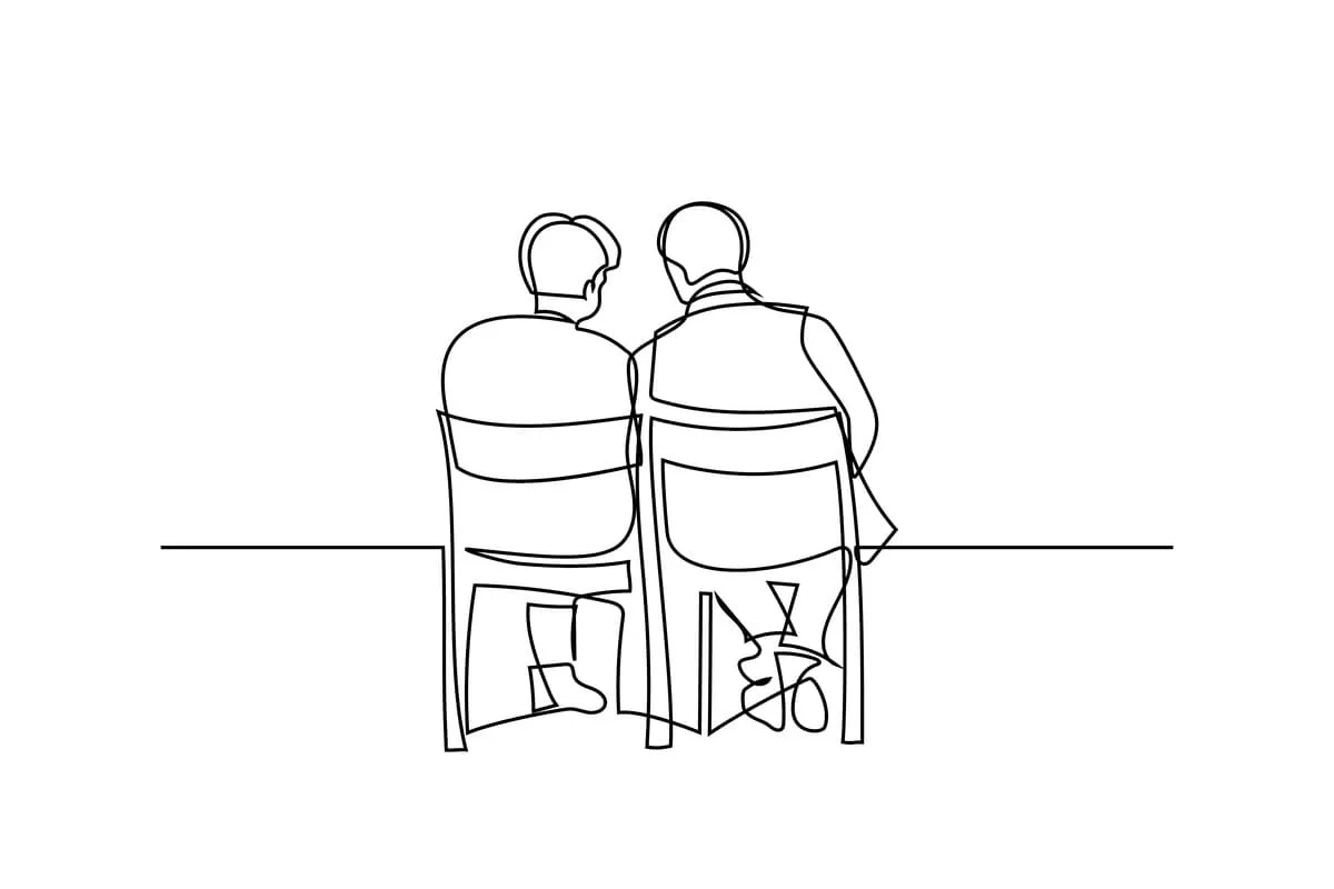 二人の男性が椅子に座って背中を向けている線画のイラスト