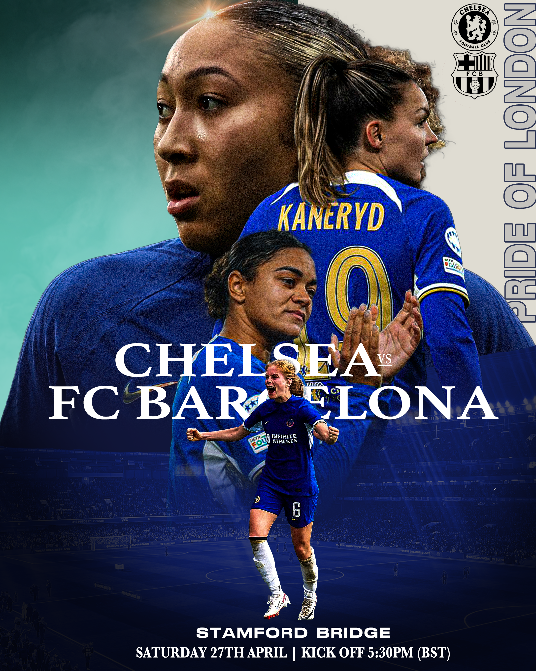 A match day graphic for the UWCL semifinal between Chelsea and Barcelona Women