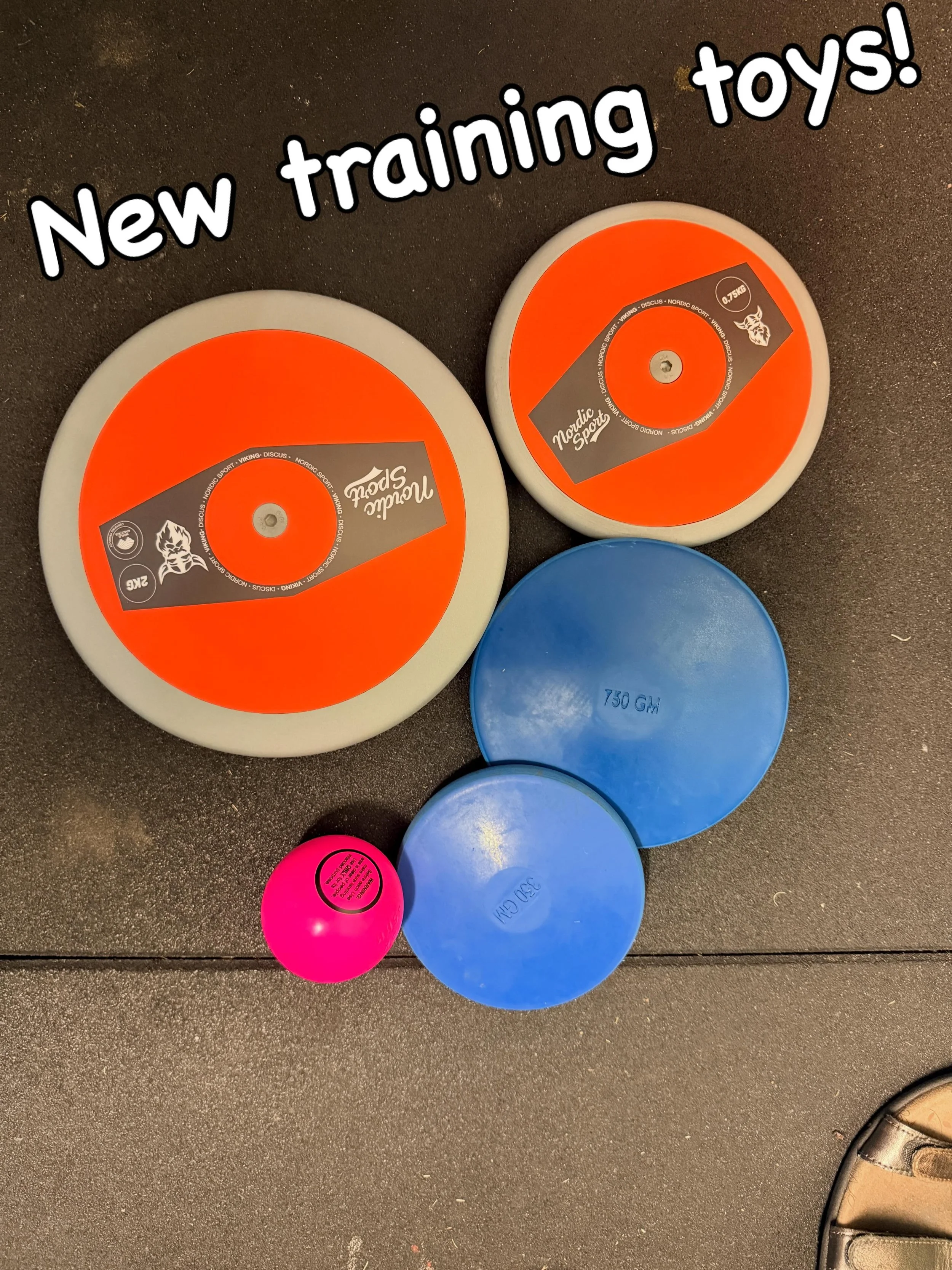 New training toys for all! Small discus and shot for the little one, a couple new discus the bigger kid and a new discus for the me to play with.