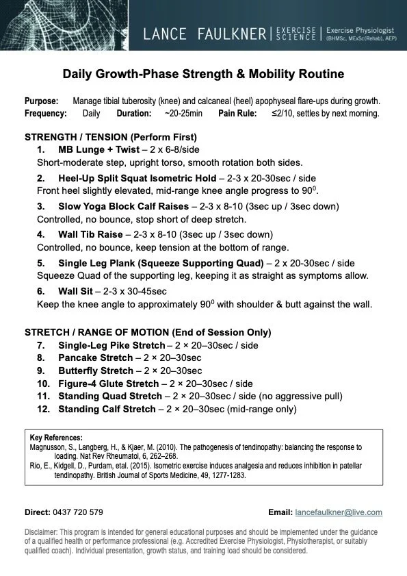 Text-based exercise routine for daily growth-phase strength and mobility, including exercises like lunges, heel-up split squat, slow yoga block calf raises, wall tib raise, single-leg plank, wall sit, and various stretches with sets, repetitions, and timing details.