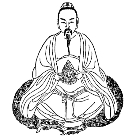 En svartvit teckning av en man som sitter i lotusställning på en drake, håller ett föremål i händerna.