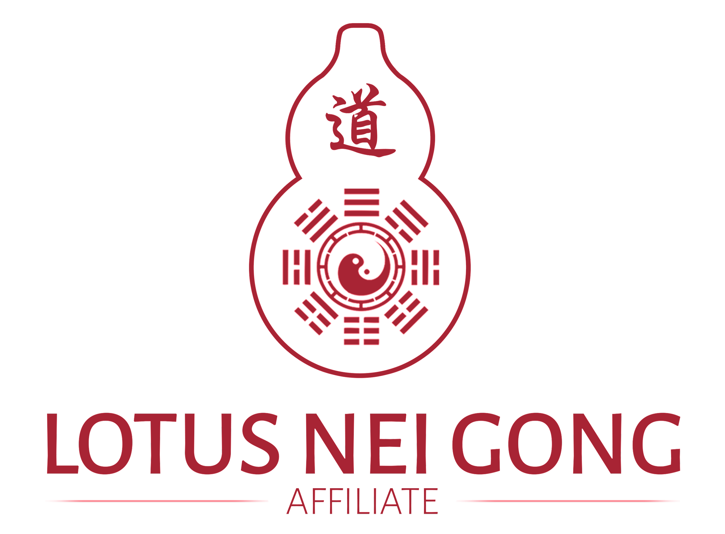 En svart bakgrund med ett rött emblem som kombinerar en orientalisk dörrknopp med symboler för yin och yang, samt kinesiska tecken. Texten under läser "LOTUS NEI GONG AFFILIATE".
