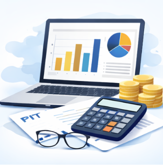 Laptop displaying bar and pie charts, with financial documents, a calculator, glasses, and stacks of coins on a desk.