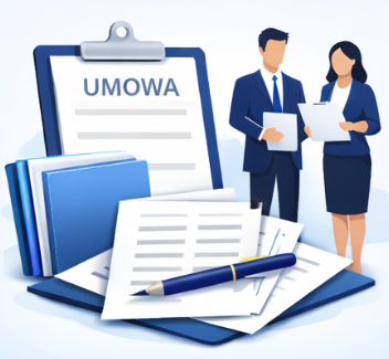 Business professionals reviewing documents near a clipboard labeled 'UMOWA', with files and a pen on a desk.
