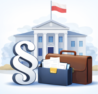 Illustration of a government building in the background with a Polish flag, and a briefcase, legal documents, and a paragraph symbol in the foreground.