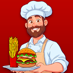 Too Many Orders App Icon - Cartoon chef holding a tray with a large hamburger and French fries
