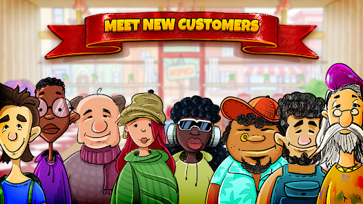 Cartoon illustration of diverse new customers with different skin tones and styles standing under a banner that says 'Meet New Customers', inside a store.