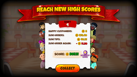 Screenshot of a game achievement screen with a red banner at the top saying "Reach New High Scores". The screen displays a score of 5031, with a yellow "Collect" button below. Characters from the game are visible around the sides of the screen, and various game statistics are shown.