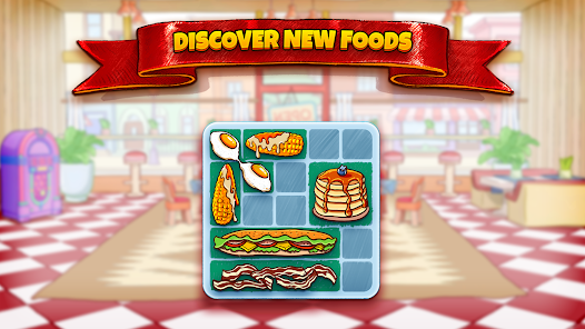 A game screen with food items, including eggs, fried chicken, bacon, toast, and a sandwich, on a background resembling a restaurant or cafe.