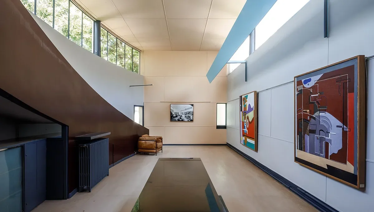 Une salle d'exposition d'art avec des peintures abstraites accroché sur un mur blanc, fenêtres laissant passer la lumière naturelle, et mobilier minimaliste.