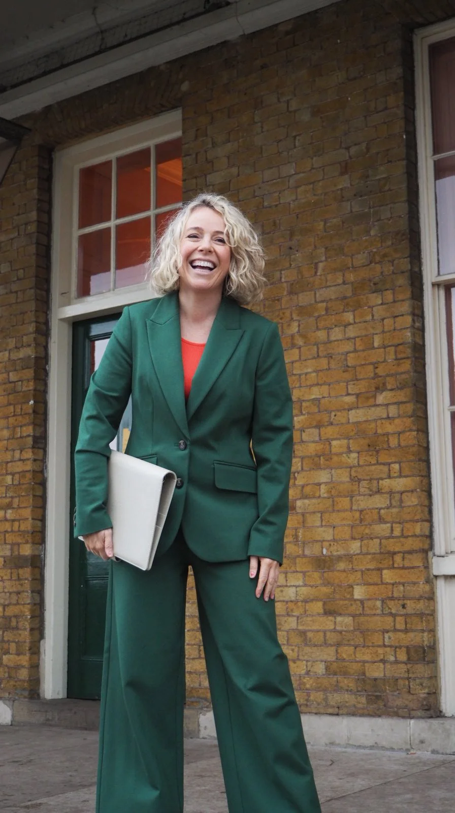 An LGBTQ+ wedding celebrant wearing a green trouser suit with an orange top holding a folder and smiling outside a wedding venue