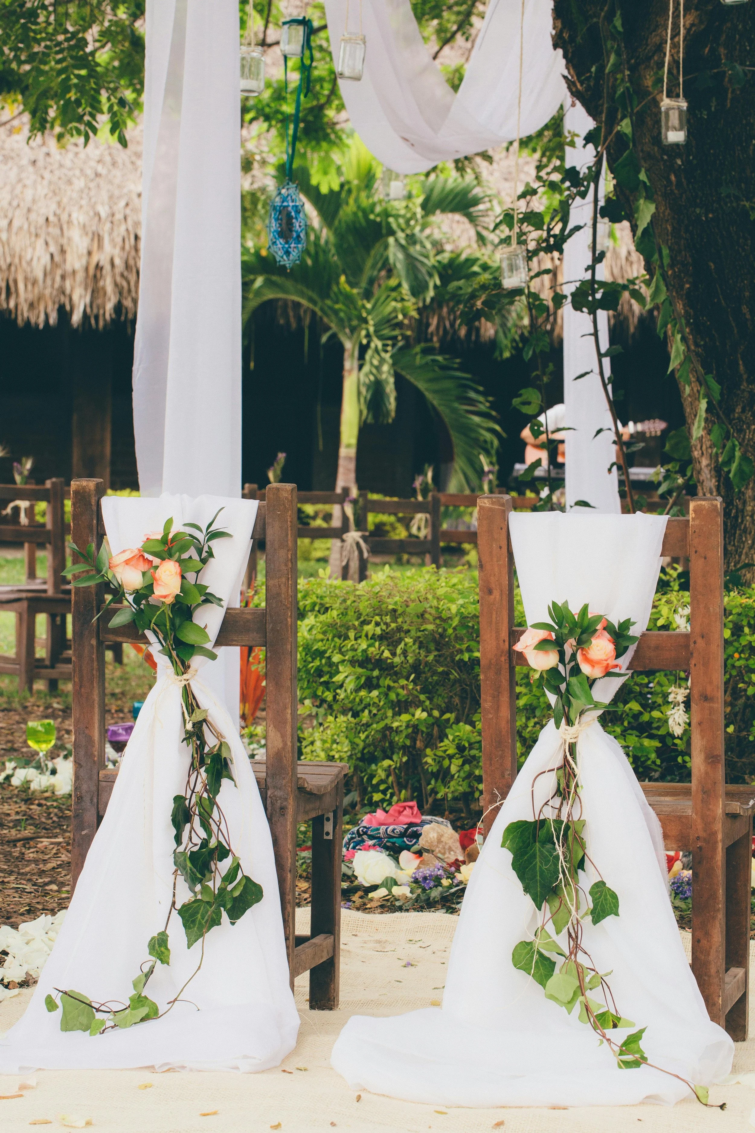 Wedding decoration on chairs with white fabric, green leaves, and pink roses outdoors with greenery in the background.