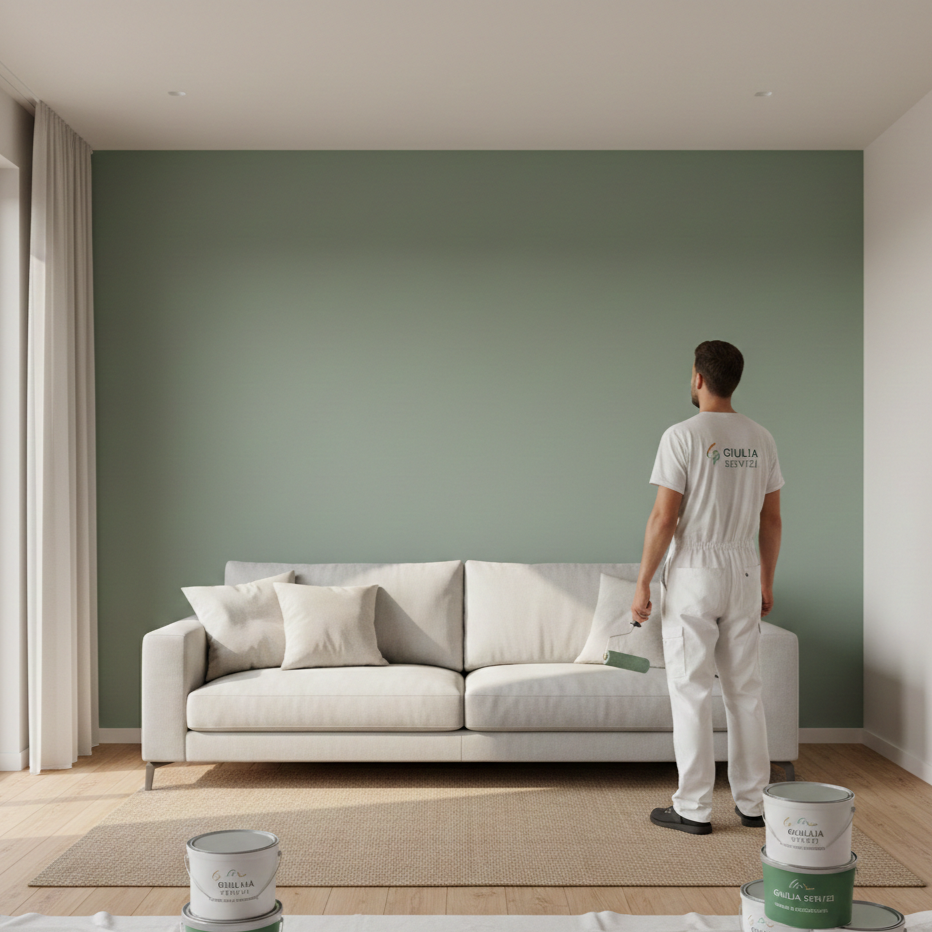 Uomo che dipinge una parete verde chiaro in soggiorno con un rullo da vernice, vestito con abiti biani e un logo sul retro. Accanto a lui ci sono scatole di vernice.