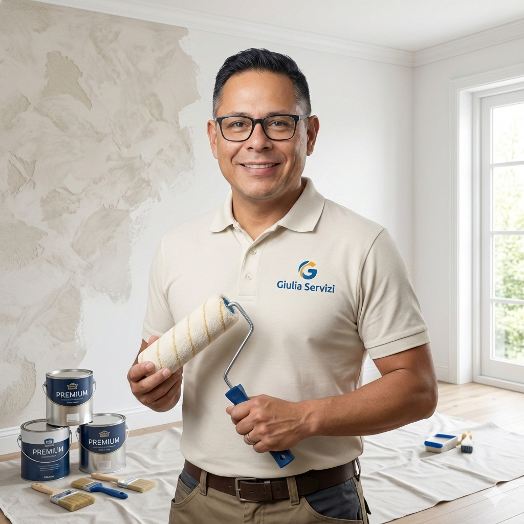Uomo sorridente con occhiali e maglietta beige con logo, che tiene un rullo per vernice, in una stanza in ristrutturazione con pareti da dipingere e un'ampia finestra