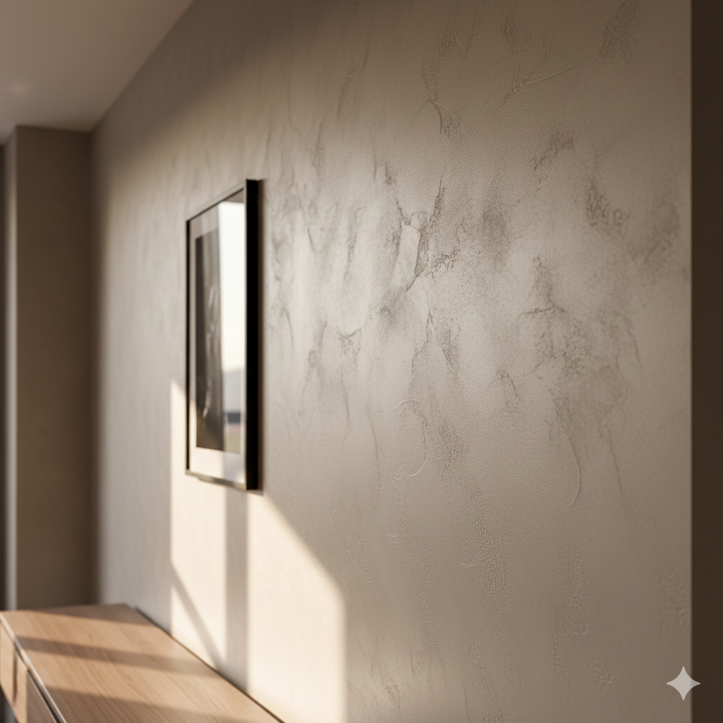 Parete decorata con finitura effetto calce a spugna e quadro appeso.