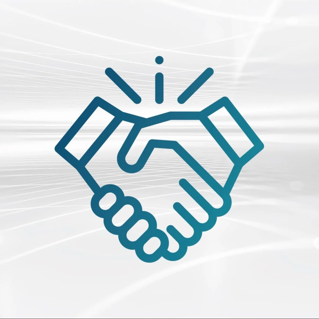 Icon of two hands shaking on a light, abstract background.