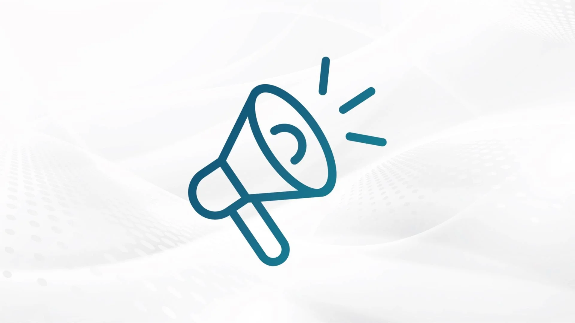 Line drawing of a megaphone with sound lines, on a white abstract background.