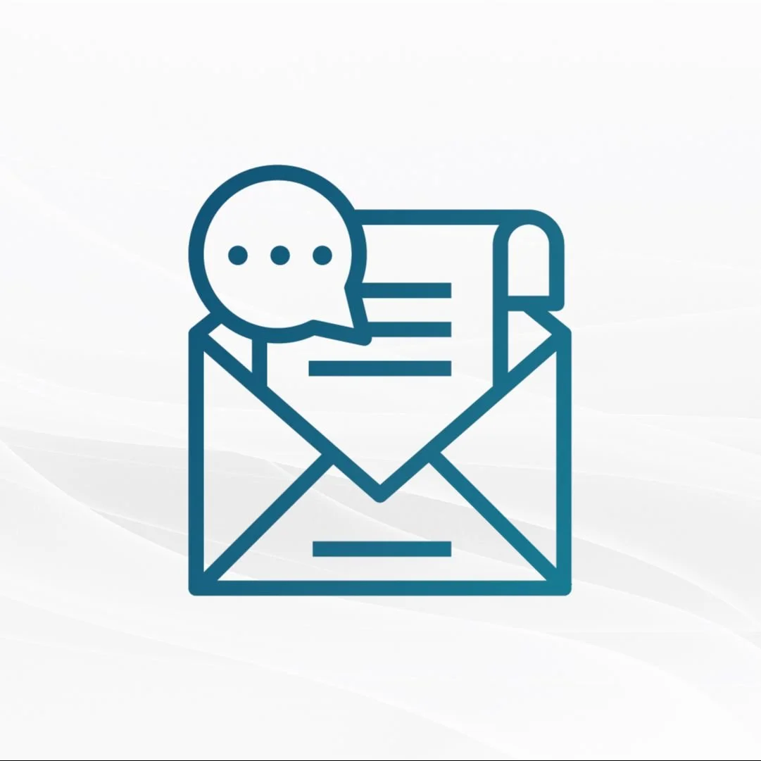 Icon of an open envelope with a speech bubble containing three dots above it, representing an email or message communication.
